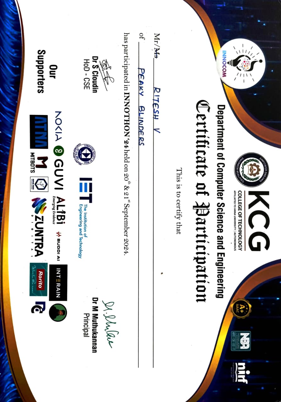 Innothon'24 Hackathon certificate